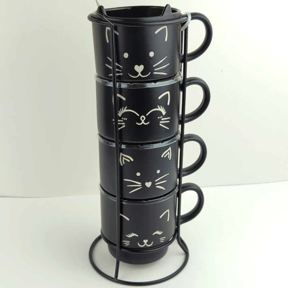 Peace Love Cats Mug Tower 4 Mugs Plus Stand